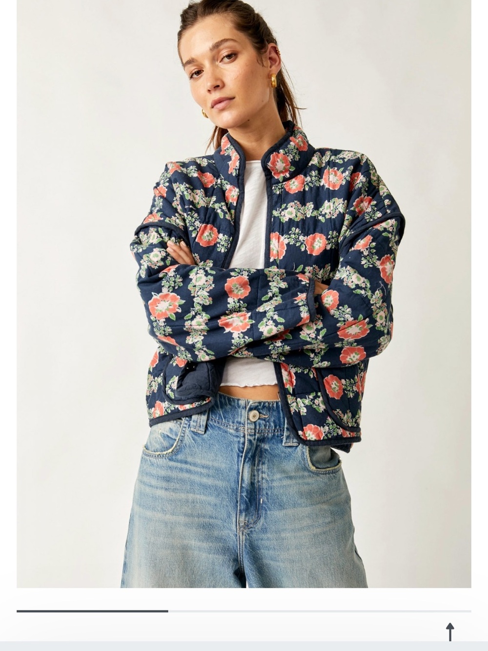 Free People Quilted Floral Puffer Jacket Navy Floral NWT Size S